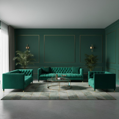Sofá Chesterfield de lujo, conjunto de muebles de sala de estar de 3 piezas con tapizado de tela.