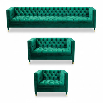 Sofá Chesterfield de lujo, conjunto de muebles de sala de estar de 3 piezas con tapizado de tela.