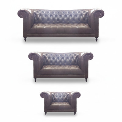 Conjunto de sala de estar 3 piezas cuero marrón mobiliario tapizado Chesterfield nuevo