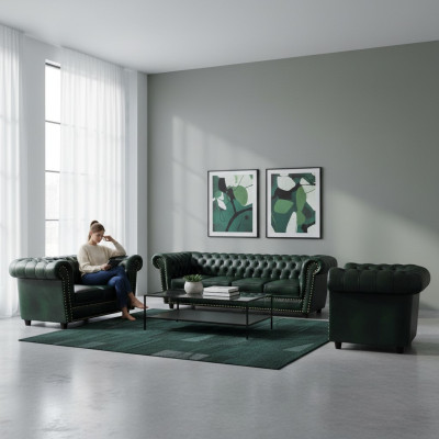 Sofá de cuero de lujo Completo Juego de sofás de 3 piezas Chesterfield y sillón para la sala de estar 4+2+1