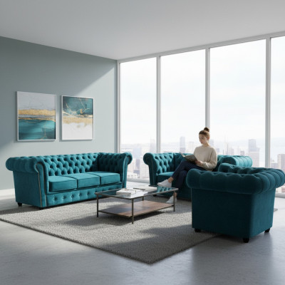 Sofá moderno de tela 2 sillones 2 sofás Chesterfield sala de estar 3+2+1