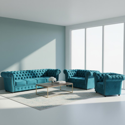 Azul Juego de sofá nuevo de 3 piezas moderno de textil Chesterfield completo para la sala de estar