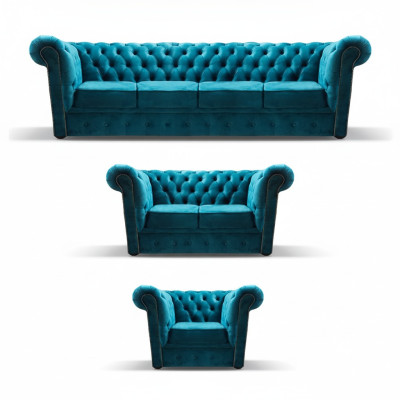 Azul Juego de sofá nuevo de 3 piezas moderno de textil Chesterfield completo para la sala de estar
