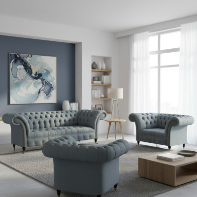 Chesterfield Gris Juego de sofás de lujo de 3 piezas Sala de estar Moderno Decoración