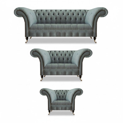 Chesterfield Gris Juego de sofás de lujo de 3 piezas Sala de estar Moderno Decoración