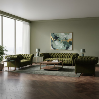 Set de sofás completamente verdes, conjunto de muebles tapizados de lujo en tela Chesterfield.