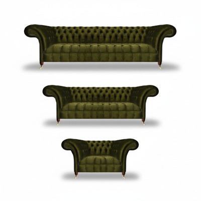 Set de sofás completamente verdes, conjunto de muebles tapizados de lujo en tela Chesterfield.