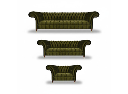 Set de sofás completamente verdes, conjunto de muebles tapizados de lujo en tela Chesterfield.