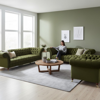 Chesterfield Green Conjunto de sofás de salón de lujo en tela, nuevo