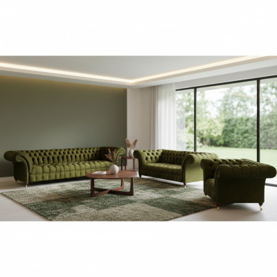 Chesterfield Green Conjunto de sofás de salón de lujo en tela, nuevo