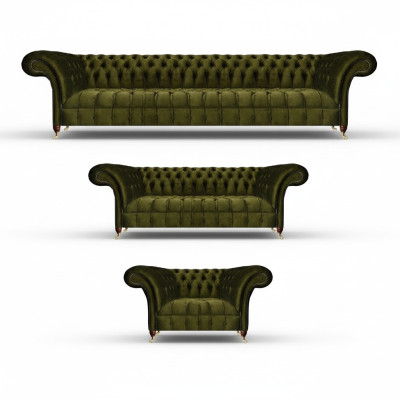 Chesterfield Green Conjunto de sofás de salón de lujo en tela, nuevo