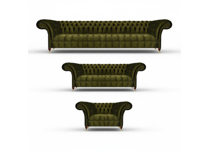 Chesterfield Green Conjunto de sofás de salón de lujo en tela, nuevo