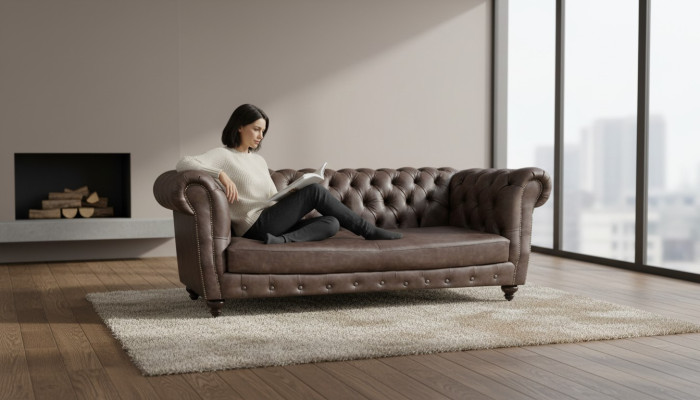 Sofá de cuero marrón de tres plazas, sofá, decoración de sala de estar Chesterfield.