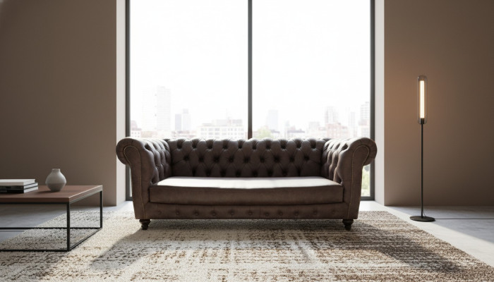 Sofá de cuero marrón de tres plazas, sofá, decoración de sala de estar Chesterfield.