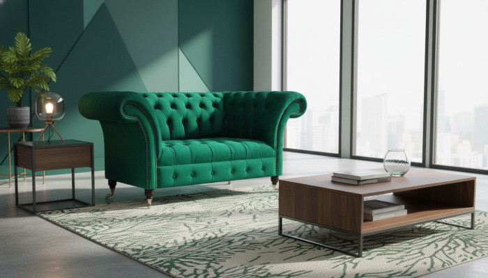 Sofá Chesterfield de dos plazas verde, sofá tapizado para sala de estar.