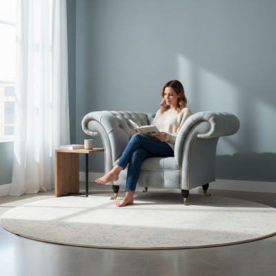 Sillón gris claro Chesterfield, muebles de asiento tapizados modernos para la sala de estar.