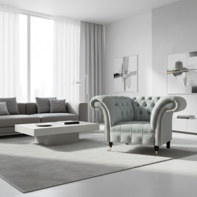 Sillón gris claro Chesterfield, muebles de asiento tapizados modernos para la sala de estar.