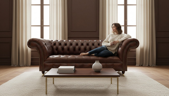 Sofá de cuero marrón Chesterfield exclusivo de tres plazas de estilo moderno.