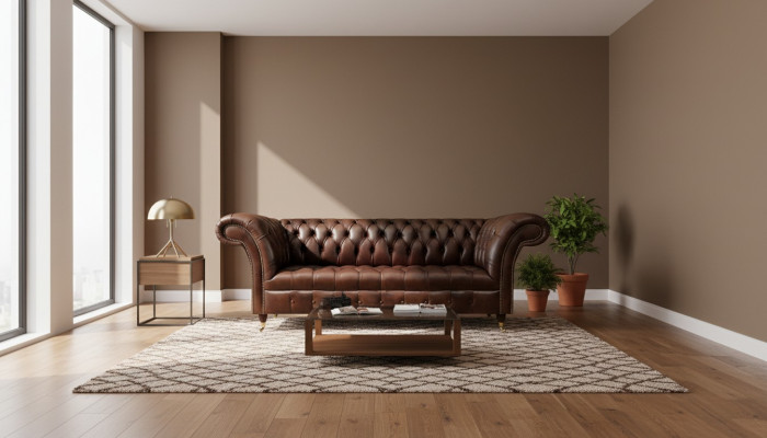Sofá de cuero marrón Chesterfield exclusivo de tres plazas de estilo moderno.