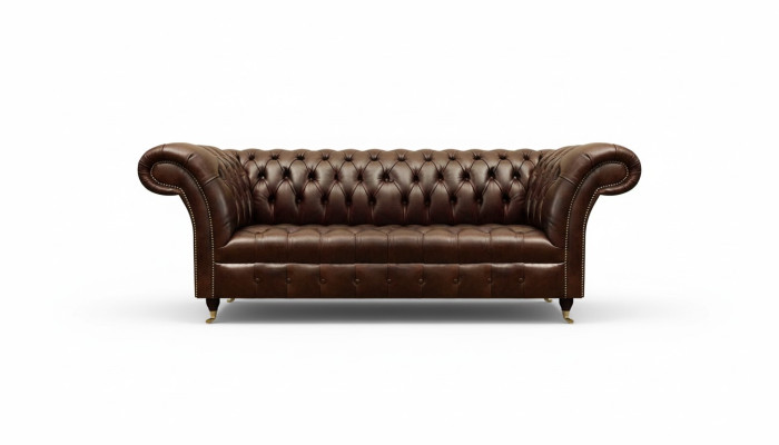 Sofá de cuero marrón Chesterfield exclusivo de tres plazas de estilo moderno.