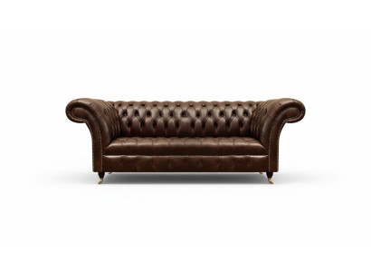 Sofá de cuero marrón Chesterfield exclusivo de tres plazas de estilo moderno.