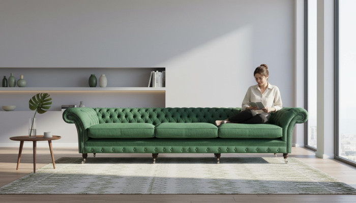 Sofá Chesterfield verde oscuro tapizado moderno de 3 plazas de lujo.