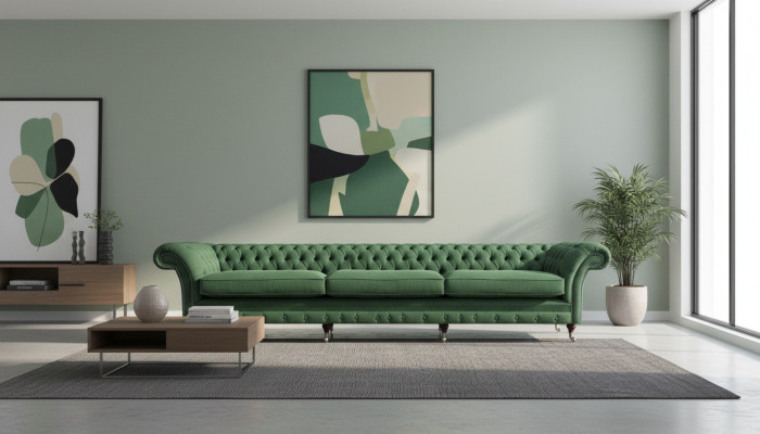 Sofá Chesterfield verde oscuro tapizado moderno de 3 plazas de lujo.