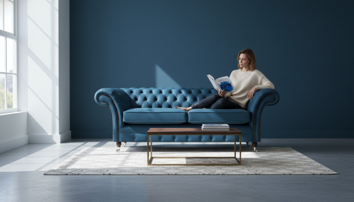 Sofás Chesterfield de lujo para la sala de estar azul, sofás diseñados de dos plazas.