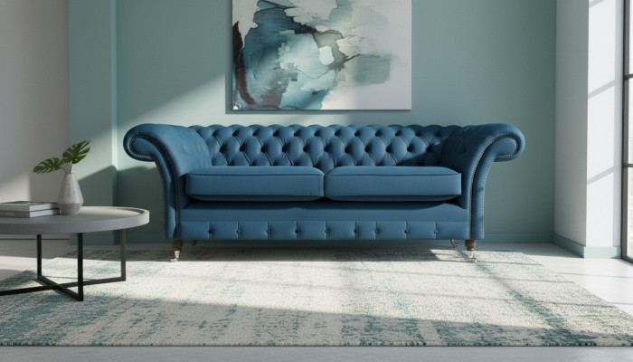 Sofás Chesterfield de lujo para la sala de estar azul, sofás diseñados de dos plazas.
