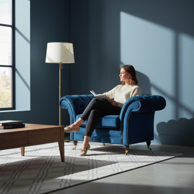 Sillón de tela azul Chesterfield de sala de estar, muebles de tela de lujo de una sola plaza