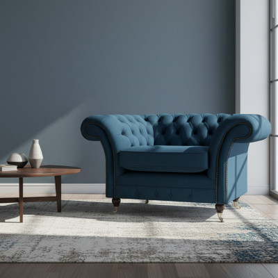Sillón de tela azul Chesterfield de sala de estar, muebles de tela de lujo de una sola plaza