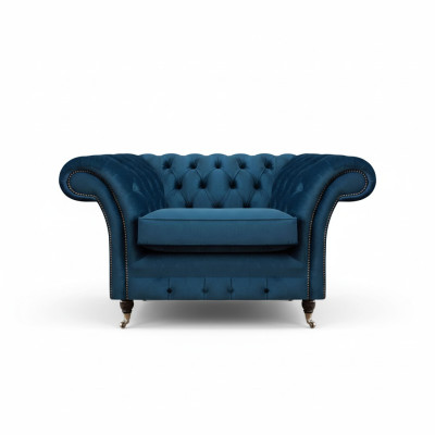 Sillón de tela azul Chesterfield de sala de estar, muebles de tela de lujo de una sola plaza