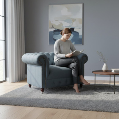 Chesterfield sillón gris de tela de salón de un solo asiento Silla de tela elegante