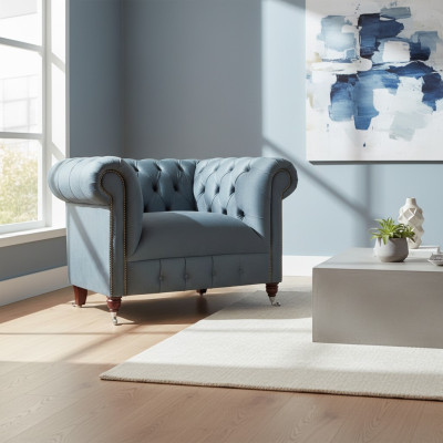 Chesterfield sillón gris de tela de salón de un solo asiento Silla de tela elegante