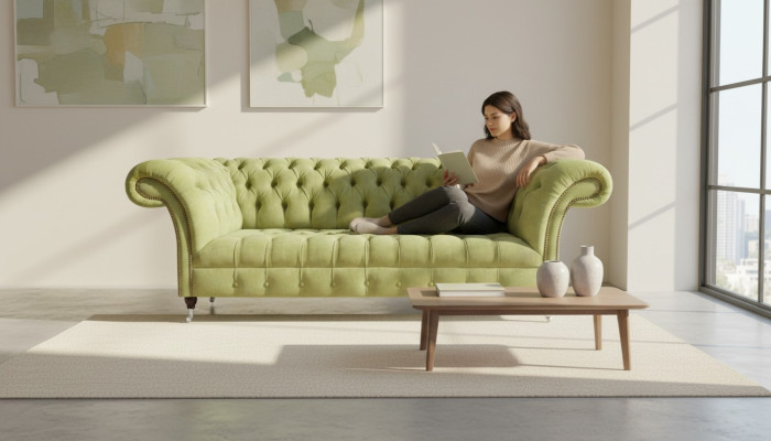Sofá Chesterfield verde claro moderno de tres plazas para sala de estar de lujo.