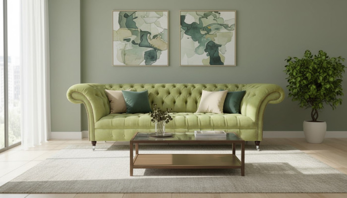 Sofá Chesterfield verde claro moderno de tres plazas para sala de estar de lujo.