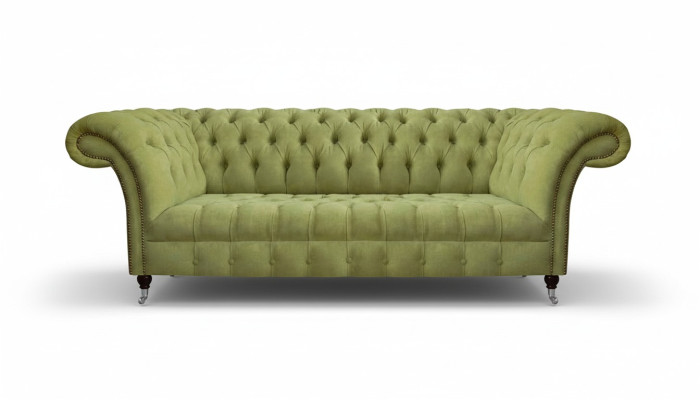 Sofá Chesterfield verde claro moderno de tres plazas para sala de estar de lujo.