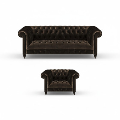 Sofá Chesterfield marrón Conjunto de tapizados Diseñador de 3 plazas y 2 sillones textiles