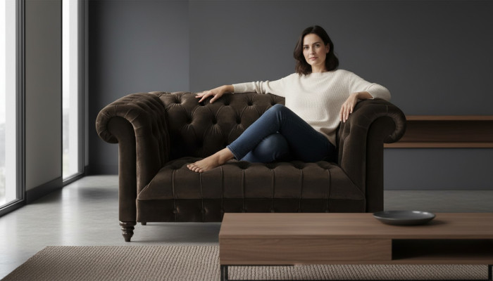 Chesterfield sofá exclusivo marrón, moderno de dos plazas mueble tapizado.