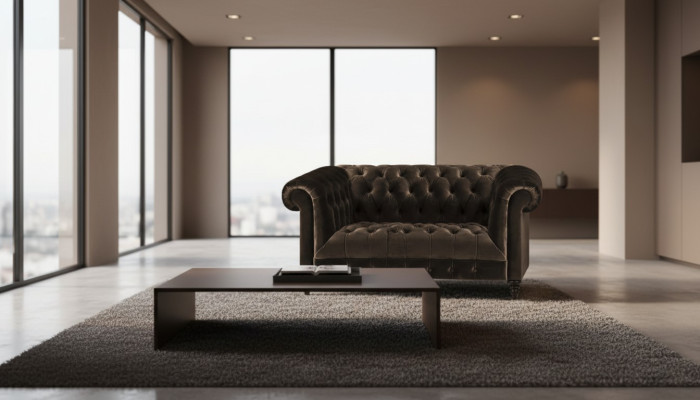 Chesterfield sofá exclusivo marrón, moderno de dos plazas mueble tapizado.