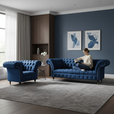 Sofá azul Chesterfield de diseñador de tres plazas, sillón de tela de 2 piezas.