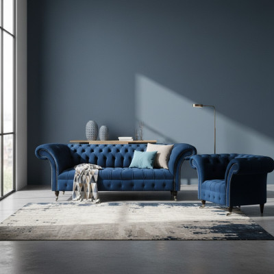 Sofá azul Chesterfield de diseñador de tres plazas, sillón de tela de 2 piezas.
