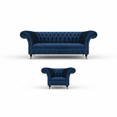 Sofá azul Chesterfield de diseñador de tres plazas, sillón de tela de 2 piezas.