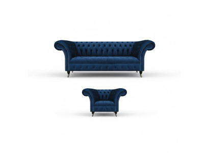 Sofá azul Chesterfield de diseñador de tres plazas, sillón de tela de 2 piezas.
