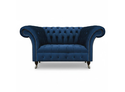 Azul Chesterfield de dos plazas para sala de estar, mueble tapizado de lujo.