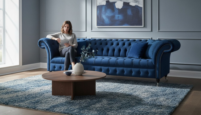 Sofá de tela moderno de diseñador Chesterfield azul.