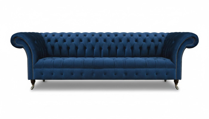 Sofá de tela moderno de diseñador Chesterfield azul.