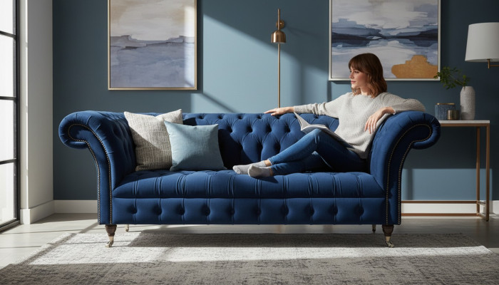 Sofá de salón Chesterfield azul oscuro de diseñador de tres plazas