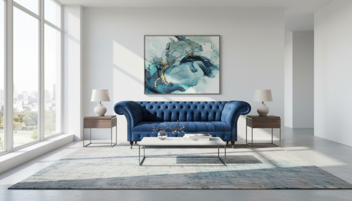 Sofá de salón Chesterfield azul oscuro de diseñador de tres plazas