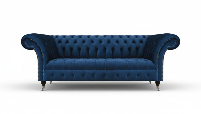 Sofá de salón Chesterfield azul oscuro de diseñador de tres plazas